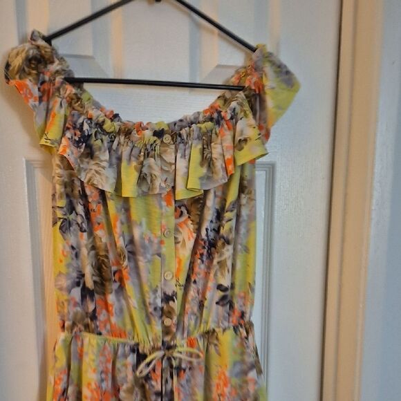 Floral Chartreuse Ruffled Off-Shoulder Drawstring Waist Cool Romper Sz M - Picture 6 of 11